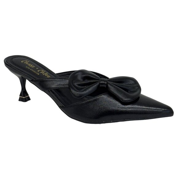 CHASE + CHLOE / Idra-3 / Pointed Toe Kitten / Mules With Bow Black / Size 9 - Picture 3 of 8
